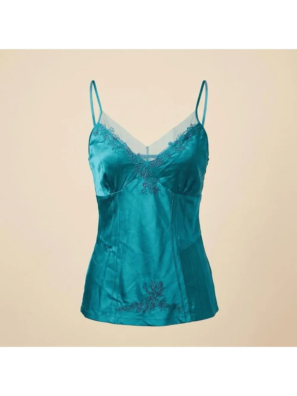 Chaudry KC Silk Cami Small Teal Embroidered Camisole Tank Top Vtg Style Luxury